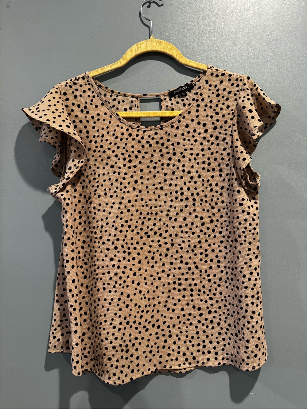 Papermoon Polka Dot Flutter Sleeve Blouse Tan Black Size M